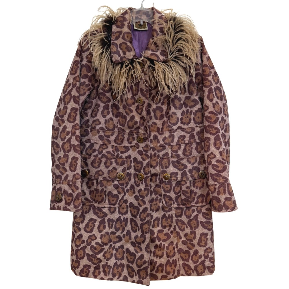 My Vintage Baby Leopard Print Faux Fur Coat Feather Collar Purple Lining M NWOT